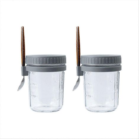 Set mit 2 luftdichten Haferflockenbehältern mit Deckel und Löffel, grau (1/5)