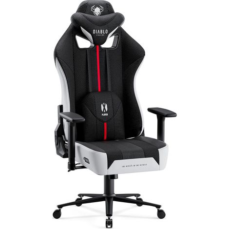 Chaise gaming en tissu – Assise double mousse – Appuie-tête et coussin lombaire en mousse Memory – Accoudoirs réglables 3D – Blanc et noir – Diablo