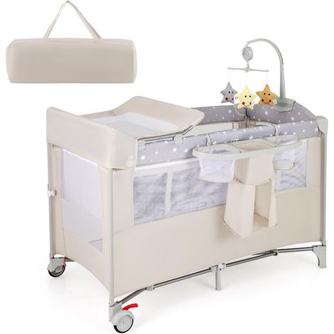 Goplus – Lit parapluie bébé 5-en-1 avec matelas – Berceau évolutif avec table à langer et jouets – Roues verrouillables – Sac de transport – 0-3 ans (1/5)