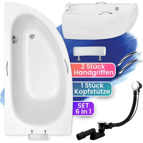 Badewanne Eckbadewanne 150x70 Links mit AcrylSchürze + Handgriffen + Kopfstütze, Ablauf & Füße GRATIS, SET 6in1 - BADLAND MILENA PREMIUM (1/5)