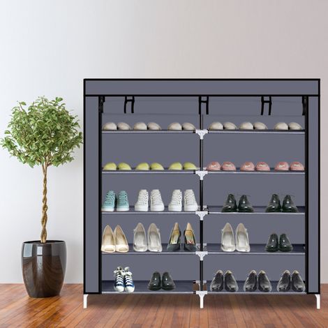 Étagère à chaussures portable à 7 niveaux avec couverture en tissu, armoire de rangement pour chaussures, gris