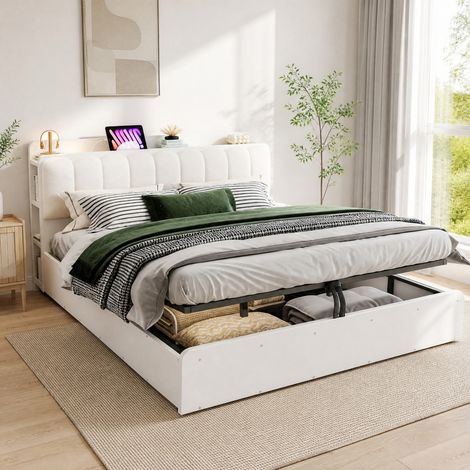 Cama de matrimonio hidráulica con almacenamiento (180x200 cm), cabecero con estante, USB y luz nocturna, madera blanca (1/5)
