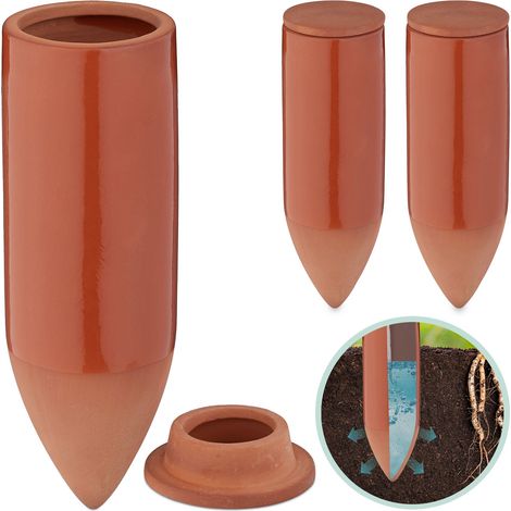 Relaxdays Coni da Irrigazione a Goccia, Set 3 Irrigatori per Bottiglie da 330 ml, Annaffiare Piante e Fiori, Terracotta