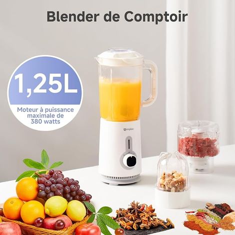 Blender Mixeur, Robot Culinaire avec Hachoir, Moulin à Café, Bol, Lames 304, Vitesses, Blanc (1/4)
