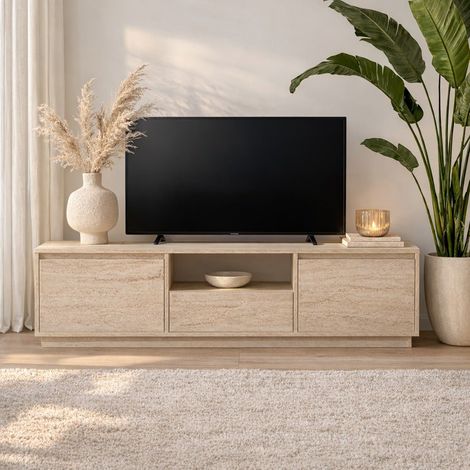 TV-Möbel Japandi Travertin Melamin – drei Schränke – 160 x 42 x