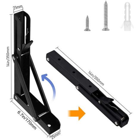 FOREHILL 2 Pièces Equerre Etagère Pliante en Acier Inox Support Console Pliable Equerre pour Etagere Murale Portant 80kg Noir - 350mm (1/4)