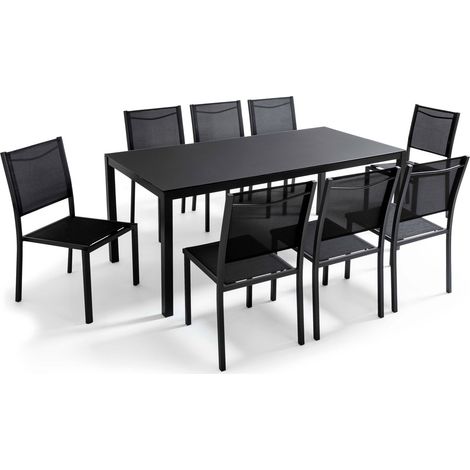 Ensemble table de jardin et 8 chaises avec plateau verre noir