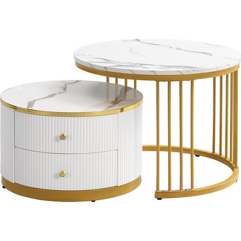 Ensemble de 2 tables basses rondes blanches avec plateau effet marbre brillant et 2 tiroirs, 60x60x45,5 cm & 50x50x32 cm (1/5)