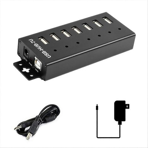 Industrieller 7-Port USB 2.0 Hub mit Erweiterungsadapter für Windows 11/10/8 und Linux, 5V Netzteil und europäischem Stecker. (1/5)