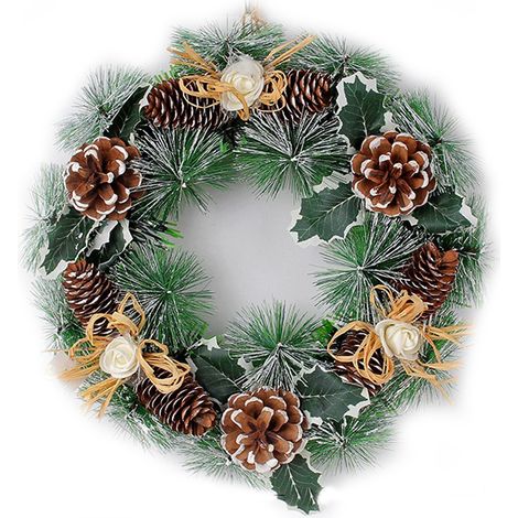 Künstlicher Weihnachtskranz aus Tannenzapfen zum Aufhängen an der Tür, Kranz aus Zweigen und Ranken, festliche Dekorationen aus Kiefernnadeln (PU-Blume, dreizackiger Strohhalm in Blattform) (1/2)