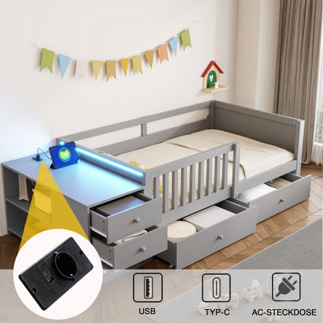 Lit enfant 90x200 cm avec rangement intégré, bureau, prise électrique, éclairage LED, doubles tiroirs, étagères et barrière de sécurité semi-ouverte, gris. (1/5)