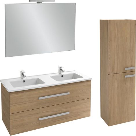 Meuble double vasque 120 cm JACOB DELAFON Ola Up chêne + colonne + miroir et spots (1/3)
