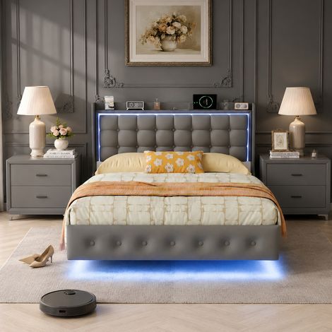 Lit 160x200 cm - Velours gris foncé - Sommier à lattes - Éclairage LED et port USB - Lit double (1/5)
