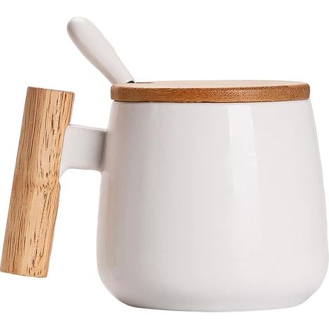 Mug en céramique avec couvercle et cuillère, tasse à café, à thé ou à lait, tasse idéale pour hommes et femmes, pour Thanksgiving, Noël ou un anniversaire (blanc). (1/5)