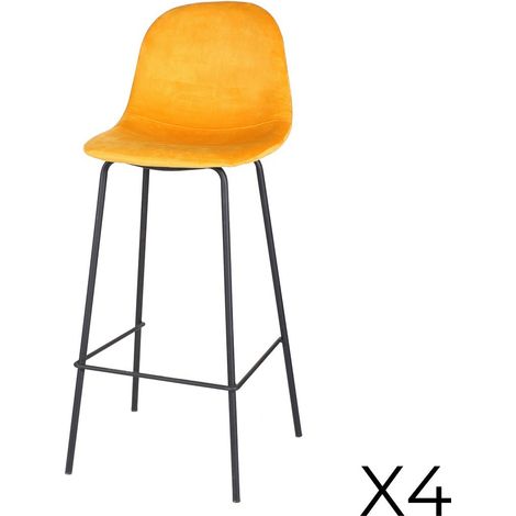 Set von 4 Barhockern mit Rückenlehne aus gelbem Samt und Metallgestell, Kollektion LALY - Industriestil