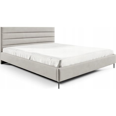 Sofello Polsterbett nach Maß Beige aus Velour 120 x 200 cm Schwarze Metallfüße Bett aus Samt - Doppelbett mit schöner Steppung und besonderem Design