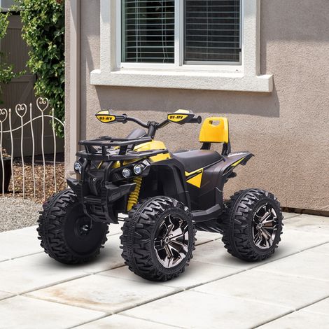 12-V-Elektro-Quad für Kinder, Höchstgeschwindigkeit 8 km/h. Elektrisches Kinderfahrzeug mit Licht- und Soundeffekten, Sitz mit Rückenlehne, Gepäckträger vorne, Metall, PP, Gelb/Schwarz