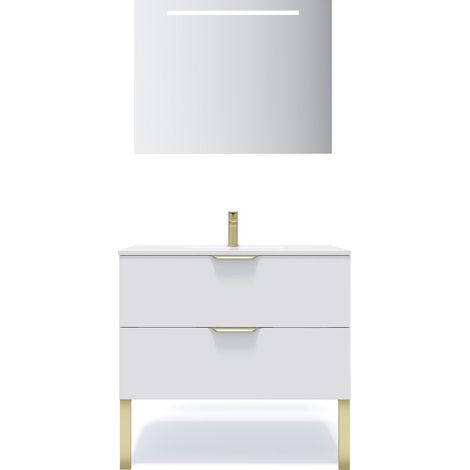 Meuble de salle de bain suspendu vasque intégrée 90cm 2 tiroirs Blanc + miroir - Venice (1/5)