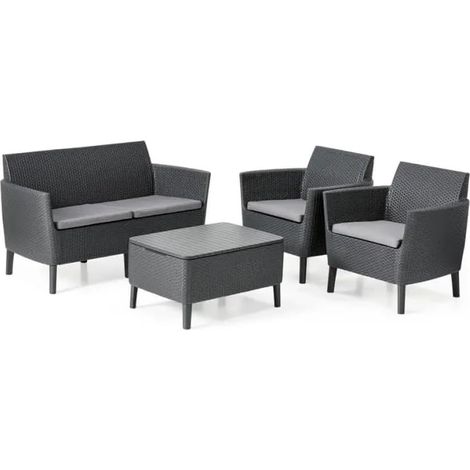 Salottino da Esterno Salemo Lounge Set 4 Pezzi in Resina Effetto Rattan con Tavolino Contenitore e Cuscini Colore Graphite Keter