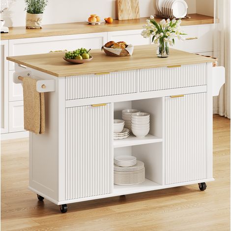 Isla de cocina con ruedas de MDF blanco y tablero abatible 143 x 45 cm OKWISH (1/5)