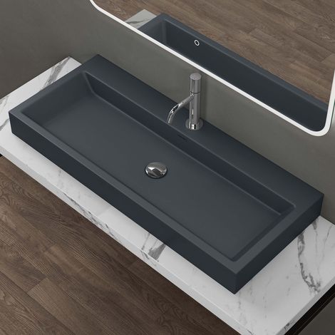 doporro Design Aufsatzwaschbecken Hängewaschbecken Waschbecken Matt Anthrazit BTH 100x42x10 cm Waschtisch aus Mineralguss Colossum06