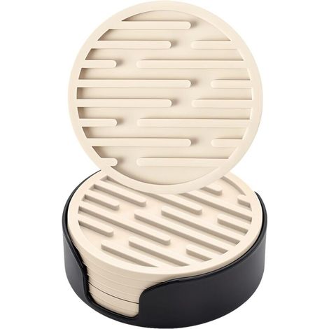 Sessou de Verre Set, Silicone Coasters with Holder, Non-Slip Round Coasters for Cups, Table, Cafe, Drinking Coasters Cup Mat, 6 pcs (Beige)