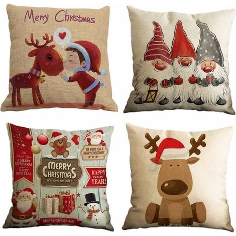 Pillowcase, Set of 4 in Cotton and Linen Christmas Reindeer Santa Claus Snowman Dwarf Print Square Cushion Cover for Bed Car Home Sofa 45 x 45 cm (1/5)