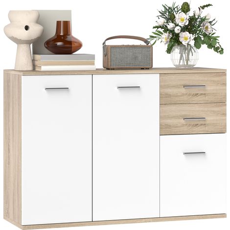Credenza Soggiorno con 3 Armadietti e 2 Cassetti, Madia Soggiorno Moderna Salvaspazio con Ripiano Regolabile in Legno, 106x35x76 cm, Color Legno