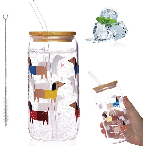 Gobelets en verre de 500 ml avec couvercle, motif chien, avec paille, verres polyvalents, pour thé à bulles, café, smoothie, cocktails et plus encore (1/5)