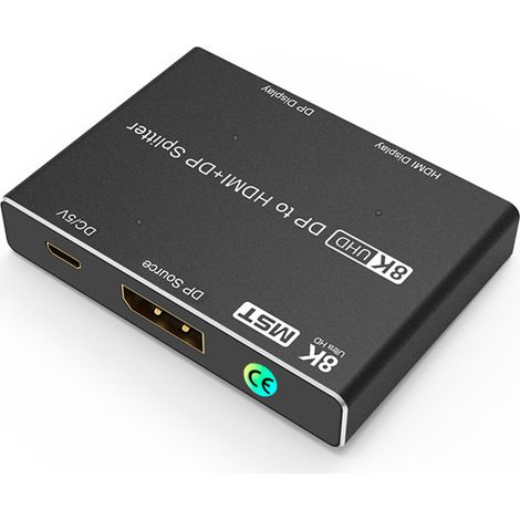 Divisor DP a DP/HDMI 2 en 1, pantalla dividida de doble pantalla MST, pantalla de alta definición 8K30HZ, negro (1/3)