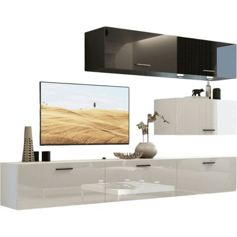 Set di mobili da soggiorno bianchi e neri, sospesi, collezione CEPTO XXV. 249cm, 6 pezzi, con LED, modulari.