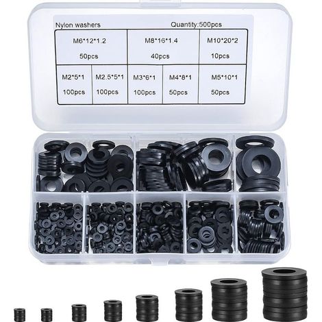 500 pièces rondelle plate en nylon, rondelle plate isolée joint rond joint d'étanchéité kit d'assortiment de tuyaux-M2/M2.5/M3/M4/M5/M6/M8/M10 (noir) (1/5)