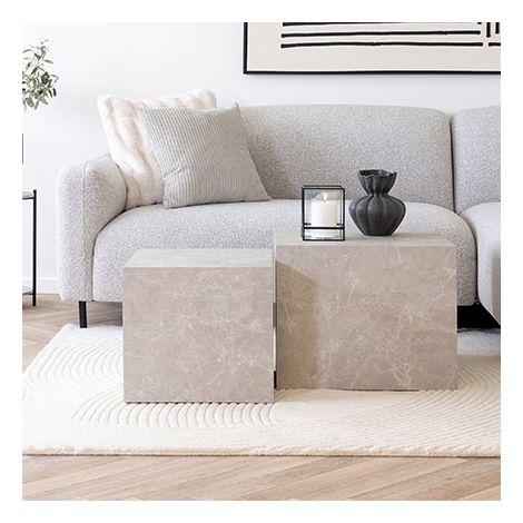 Lot de 2 tables basses carrées 40x40 et 50x50 cm – Effet marbre beige – Panneaux de particules légers – Design contemporain – House Nordic (1/10)