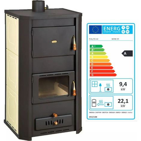 Prity – Poêle à bois 8 kW avec chaudière intégrée – Puissance de chauffage 29 kW – Sortie de fumée supérieure 130 mm – Pour chauffage central