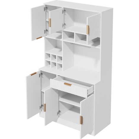 Buffet haut de 100×40×175 cm avec prises intégrées USB-C et USB-A, rangement pour verres à vin, blanc (1/5)