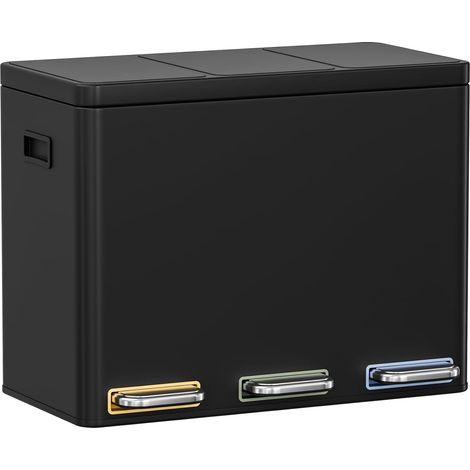 Mülltrennsystem 3×15L aus Stahl, Mülleimer 3 Fächer mit farbcodierten Pedalen, Abfalleimer mit Soft-Close-Deckeln und Inneneimern, Schwarz (1/5)