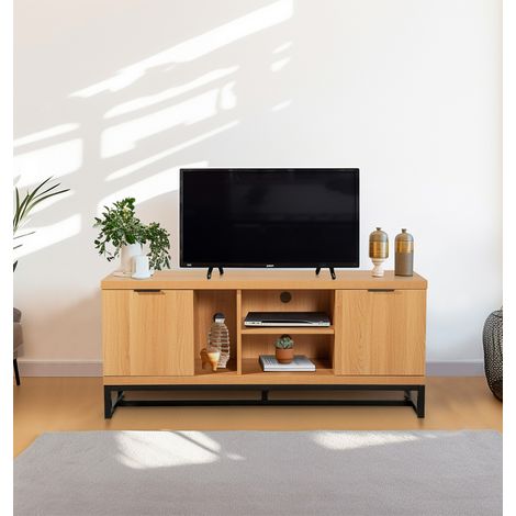 Hallowood Furniture Newquay Large TV Stand Cabinet with Black Metal Base, 2 Compartments and Open Shelves, Stylish Laminated Oak TV Unit, Media Units for Living Room, Lounge and Bedroom (1/5)