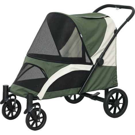 Hundewagen Hundebuggy klappbar für große Hunde & Katzen bis 30 kg Katzenbuggy mit Kissen Netzfenstern Türen Aufbewahrungstasche Katzenwagen mit Sicherheitsleinen, Bremsen, Buggy Dunkelgrün Aosom
