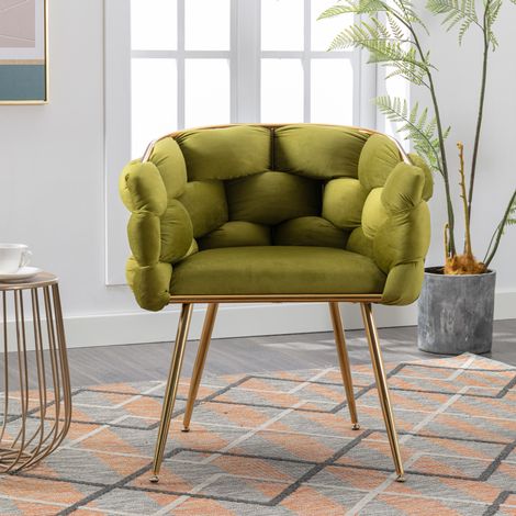 Sedia poltroncina oliva in metallo con velluto, braccioli e schienale medio (1/5)
