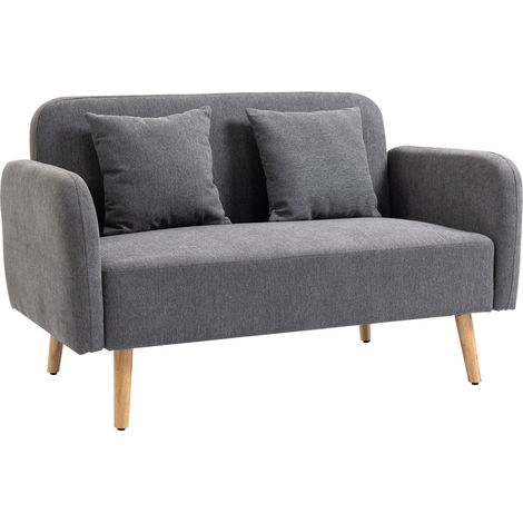 Sofá de 2 plazas gris de poliéster con 2 cojines y patas de madera de caucho (1/5)