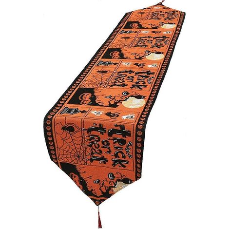 Nappe rectangulaire Halloween - Chemin de table brodé en coton et lin à motif citrouille et araignée (1/2)