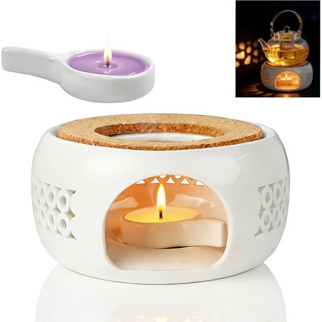 Réchaud pour Théière en Céramique Blanche – Design Creux Sculpté avec Coussin en Liège (1/5)