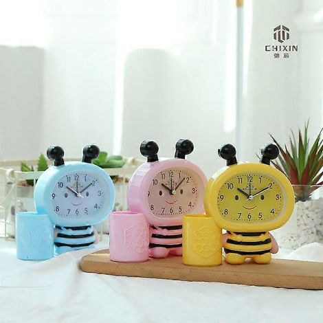 Réveil porte-stylo abeille mignon, multifonctionnel, créatif et élégant, idéal pour une table de chevet d'étudiant, ourson rose (1/5)