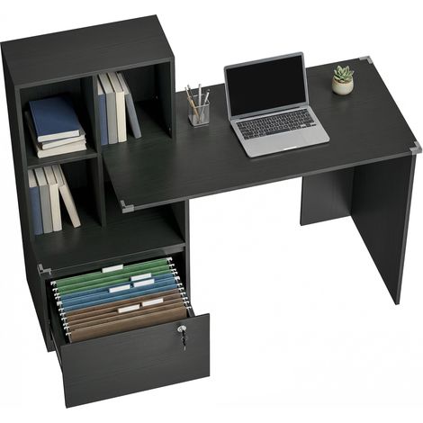 Computertisch mit 4-Fächer-Bücherregal und abschließbarer Schublade, 126 x 50 x 109 cm, schwarz