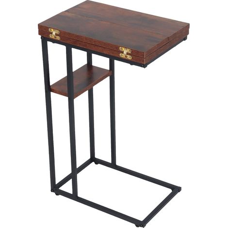 Mesa auxiliar plegable en forma de C, efecto madera, estructura negra
