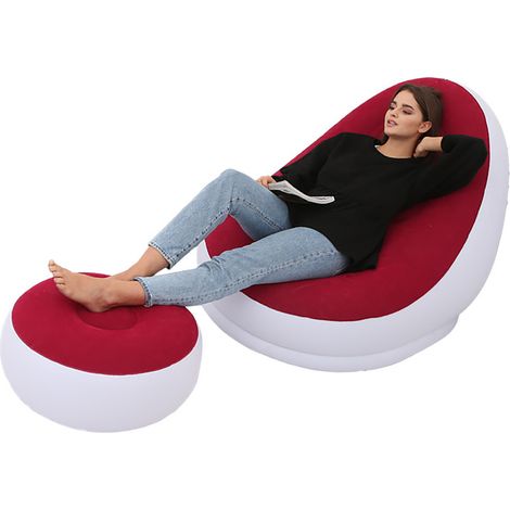 Fauteuil gonflable pliable en PVC floqué confortable avec repose-pieds, idéal pour le camping et les voyages (rouge). (1/2)