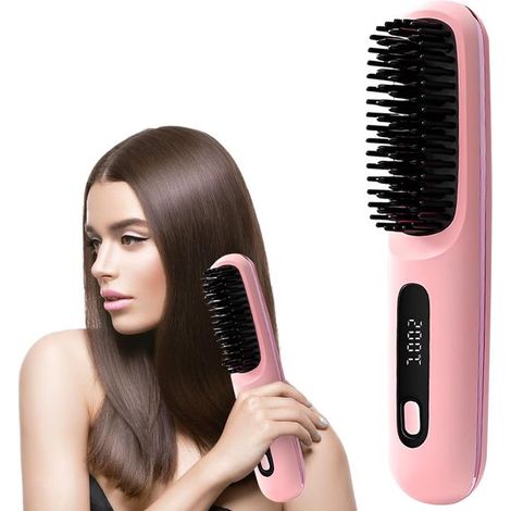 Pinkfarbene kabellose Haarglätterbürste mit LCD-Temperaturanzeige, tragbar für Reisen und den täglichen Gebrauch (1/5)