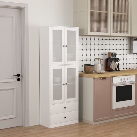 Meuble de cuisine avec tiroirs et portes vitrées, surface en mélamine, blanc (1/5)