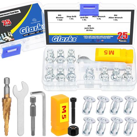 25 M5 écrou de vérin et kit d'outils de montage écrou de vérin vis d'ancrage filetage insert papillon écrou d'expansion pour contreplaqué plastique carton dur (1/5)