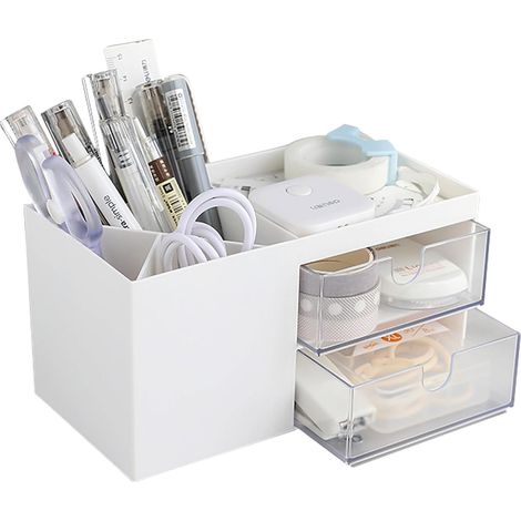 Petit organiseur de bureau pour femmes et filles, boîte de rangement de bureau, rangement de coiffeuse avec 5 compartiments (petit, blanc) (1/5)